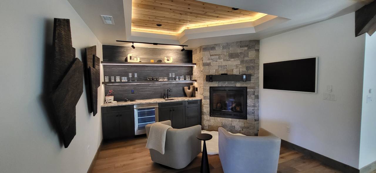 Stone fireplace and bar